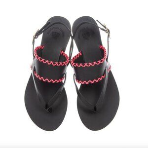 Thalia Black Leather Sandals with Fuchsia Cross Stitch & Ankle Strap